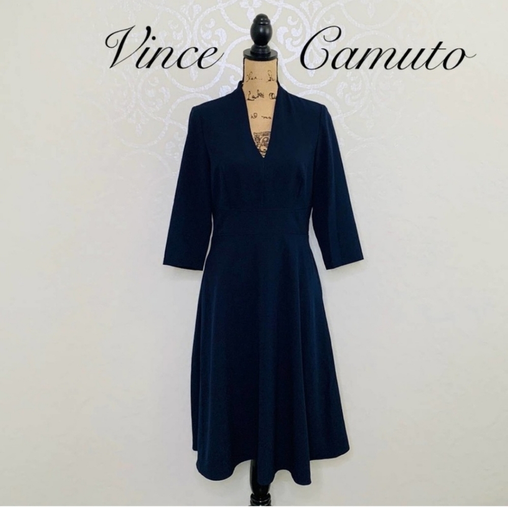 VINCE CAMUTO DARK BLUE FULLY LINED MIDI LENGTH DRESS WITH POCKETS SIZE 10